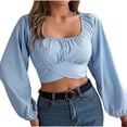 thumbnail image 1 of HAPIMO Women's Workout Cropped Tops Fashion Casual Elegant Slim Chiffon Shirts Vacation Lantern Sleeve Business Tees Outfits Square Neck Pleated Pullovers Blue XL, 1 of 8