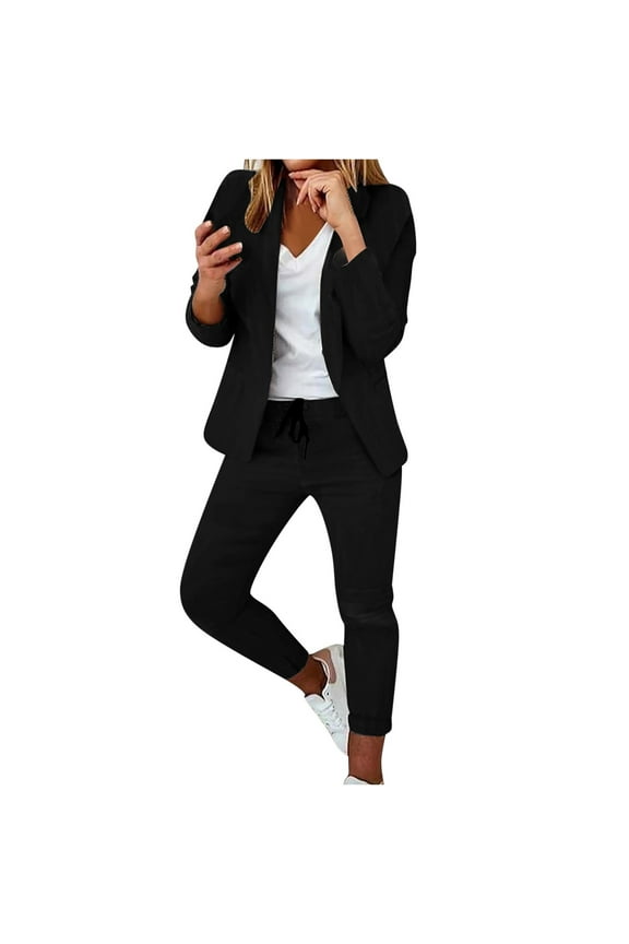 Women's Workout Elegant Business Suit Sets 2 Piece Holiday Casual Comfy LoungeWear Solid Spring Fall Elastic Waist Pants Long Sleeve Lapel Blazer Coat Black M