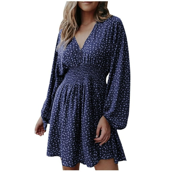 HAPIMO Women's Workout Holiday Floral Boho Graphic Long Sleeve High Waist Spring V Neck Fall Dress Elegant Casual Summer Above Knee A Line Dress Fashion Blue XL