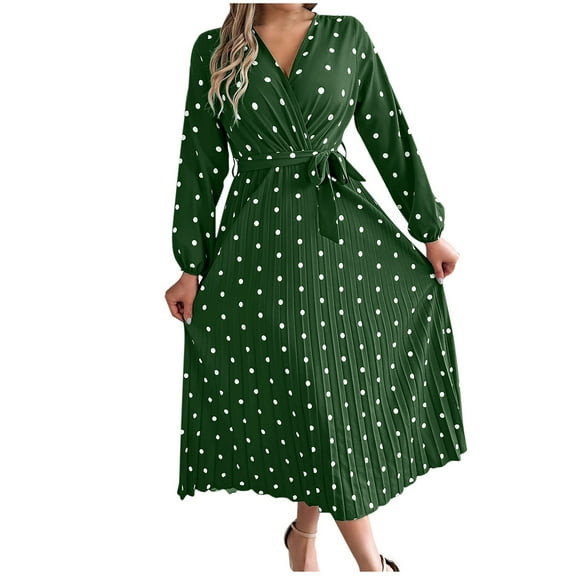 HAPIMO Women's Workout Holiday Polka Dot Graphic Tea Length A Line Dress Long Sleeve Pleated Spring Fashion V Neck Fall Dress Elegant Casual Ruffle Green L