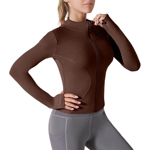 HAPIMO Women's Workout Jacket Slim Fit Long Sleeve Solid Tops Lightweight Full Zip Yoga Jacket Sun Protection Cropped Athletic Jacket Coffee XL