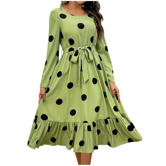 HAPIMO Women's Workout Polka Dot Graphic Long Sleeve Spring Summer Tea Length A Line Dress Ruffle Fashion Elegant Casual Bandage Tiered Round Neck Fall Dress Green S