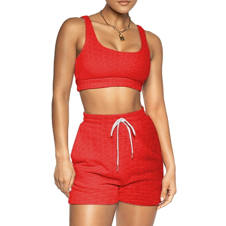 HAPIMO Women's Workout Sets 2 Piece U-Shaped Outfits Fitness Yoga Workout  Suits & Pant with Drawstring Workout Sets for Women Rollbacks Red XL