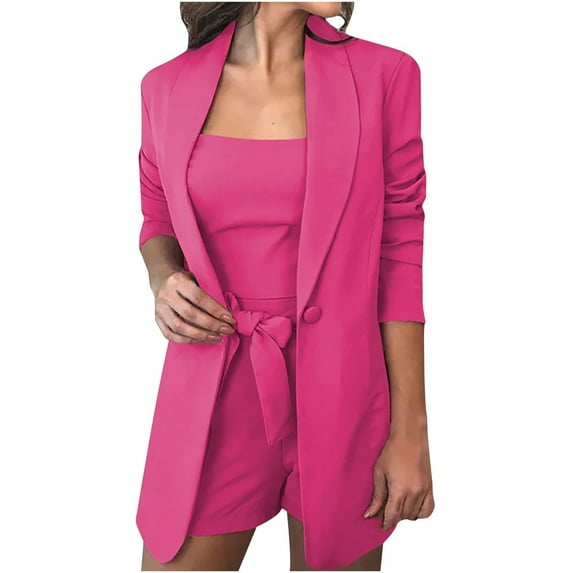 HAPIMO Women's Workout Sets Business Suit 3Pc Spring Holiday Fall Long Sleeve Lapel Blazer&Tank Tops High Waist Shorts Casual Comfy Bowknot Solid Button LoungeWear Hot Pink L