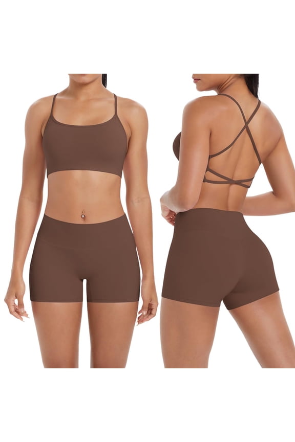 Women's Workout Sets Casual Comfy Trasuits Slim Fitted Crop Tops High Waisted Tummy Control Spandex Booty Volleyball Shorts for Yoga Dance Brown XL