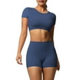 thumbnail image 1 of HAPIMO Women's Workout Sets Casual Comfy Trasuits Slim Fitted Short Sleeve Crop Tops High Waisted Tummy Control Spandex Booty Volleyball Shorts for Yoga Dance Blue L, 1 of 6