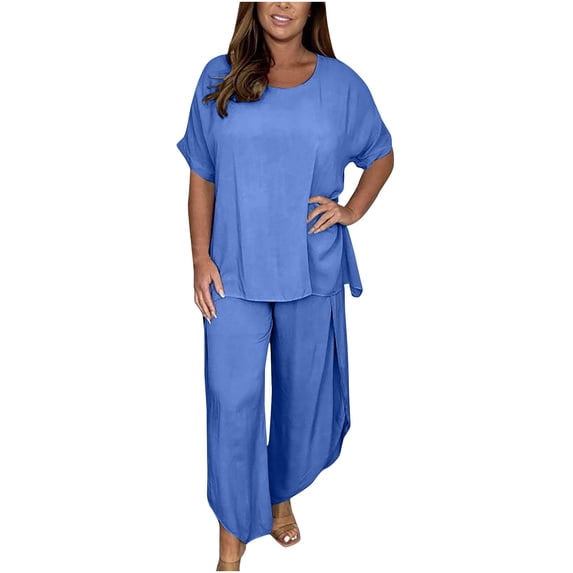 HAPIMO Women's Workout Sets Daily Tracksuit Outfits 2 Piece Solid Cotton Spring Holiday Fall Short Sleeve Round Neck Tops Elastic Waist Pants LoungeWear Casual Comfy Blue XXXXL