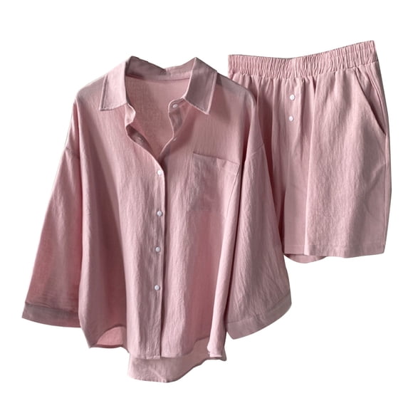 HAPIMO Women's Workout Sets Daily Tracksuit Outfits 2 Piece Solid Cotton Spring Holiday Fall Short Sleeve Round Neck Tops Elastic Waist Pants LoungeWear Casual Comfy Shorts Pink L