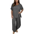 thumbnail image 1 of HAPIMO Women's Workout Sets Daily Tracksuit Outfits 2 Piece Solid Cotton Spring Holiday Fall Short Sleeve Round Neck Tops Elastic Waist Pants LoungeWear Casual Comfy Dark Gray S, 1 of 6