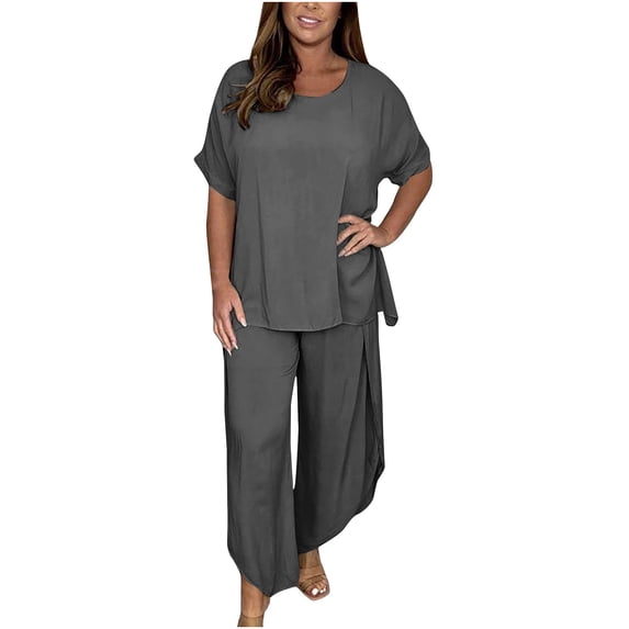 HAPIMO Women's Workout Sets Daily Tracksuit Outfits 2 Piece Solid Cotton Spring Holiday Fall Short Sleeve Round Neck Tops Elastic Waist Pants LoungeWear Casual Comfy Dark Gray S