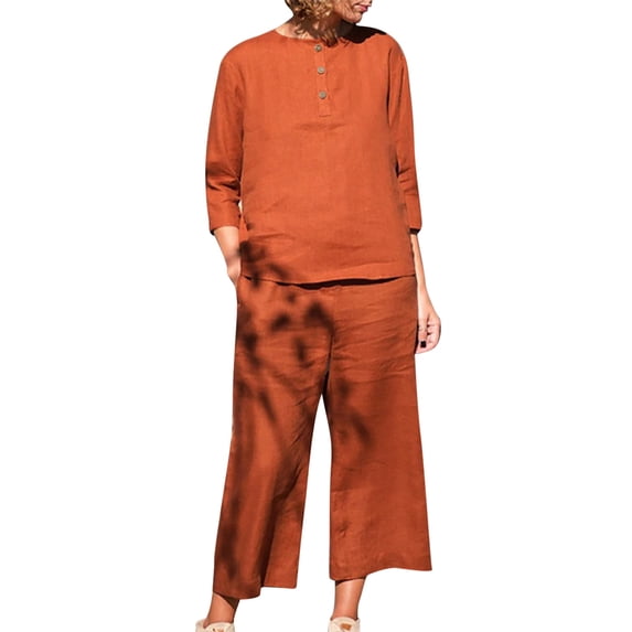 HAPIMO Women's Workout Sets Tracksuit Outfits 2 Piece Solid Cotton Holiday Fall Long Sleeve Lapel Shirts Button Pocket Wide Leg Pants Casual Comfy Spring LoungeWear Orange L