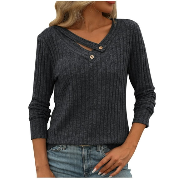 HAPIMO Women's Workout Solid Color Tops Casual Ribbed Long Sleeve Tees Outfits Loose Knitted Shirts Vacation Fashion V Neck Button Pullovers Black XXL