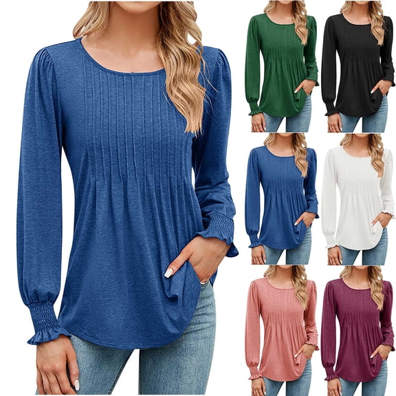 HAPIMO Women's Workout Solid Color Tops Dressy Tunic Loose Shirts Vacation Round Neck Pleated Pullovers Casual Elegant Long Sleeve Business Tees Outfits Fashion Black L