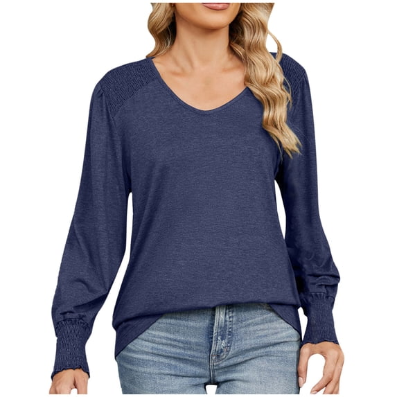 HAPIMO Women's Workout Solid Color Tops Elegant Casual Cotton Linen Long Sleeve Tees Outfits Loose Shirts Vacation Fashion V Neck Pleated Pullovers Blue M