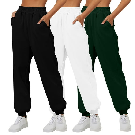 HAPIMO Women's Workout Sweatpants Teens Loose Joggers Pants 3 Pack for Girls Casual Trousers Pajamas Spring High Waist Jog Pants Running Fall Sports Activewear White L