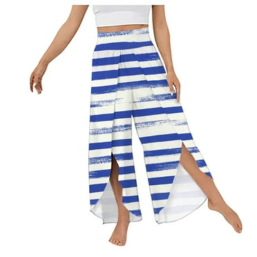 HAPIMO Women's Yoga Loose Chiffon Pants High Elastic Waist Trousers Casual Side Split Fashion Solid Relaxed Blue L