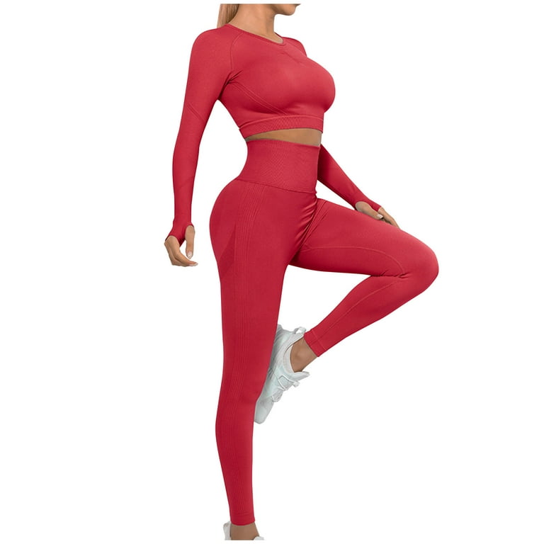 HAPIMO Women's Yoga Sets Sports Fitness High Waist Hip-Lifting Trousers  Workout Clothes Gym Leggings Sets Discount Red XL