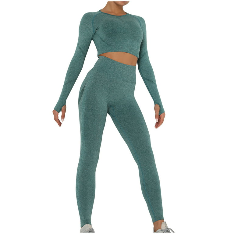 HAPIMO Women's Yoga Sets Sports Fitness High Waist Hip-Lifting Trousers  Workout Clothes Gym Leggings Sets Savings Green L