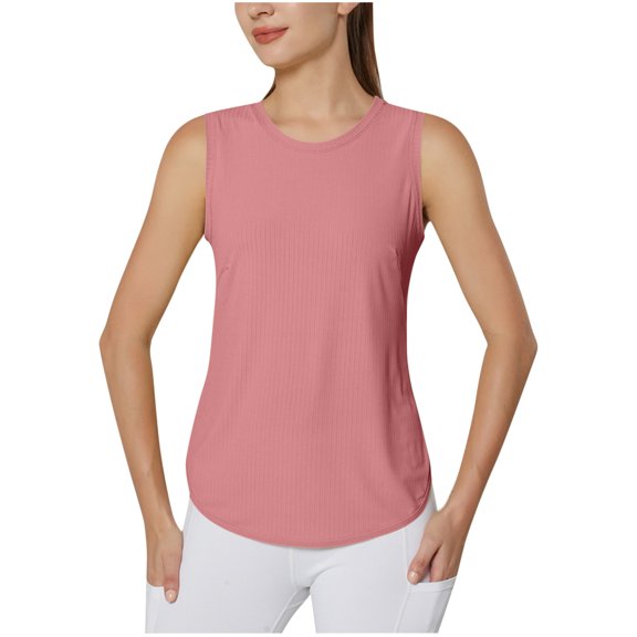 HAPIMO Women's Yoga Sports Tank Tops Trendy Round Neck Shirts for Teen Girls Solid Color Satin Summer Beach Tees Sleeveless Fitness Workout Casual Tops Pink