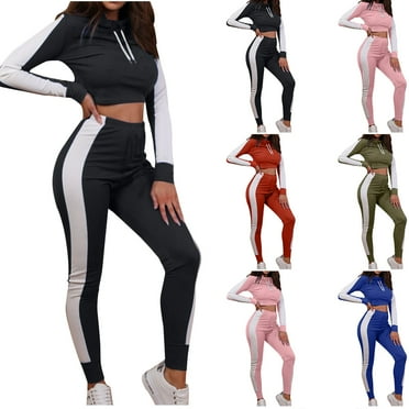 HAPIMO Womens 2 Piece Outfits Sweatsuit Jogger Tracksuit Color Block Sweatpants Sets Casual Long Sleeve Cropped Hoodie Set Knitted Sweaters Pockets Tracksuits Discount Black L