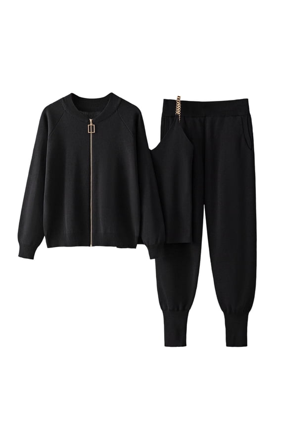 Womens 3 Piece Outfits Casual Crewneck Knit Sweater Long Sleeve Zip Up Tops High Waisted Jogger Pants Set Lungewear Set Black