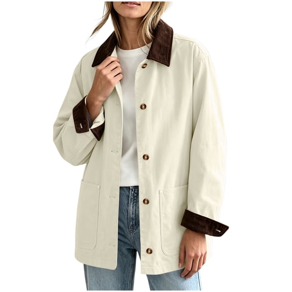 HAPIMO Womens Barn Jackets Oversized Corduroy Collar Coat Casual Lapel Cuffs Workwear with Pockets Button Closure Fall Winter Daily Beige S