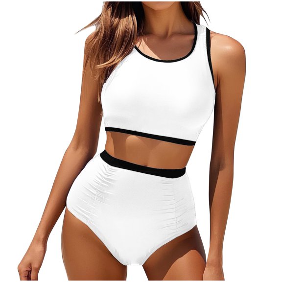 HAPIMO Womens Bikini Sets Sporty Crop Top with High Waist Bottom Bandeau Two Piece Bathing Suits Fashion Summer Beach Vacation Swim with Chest Pad White S