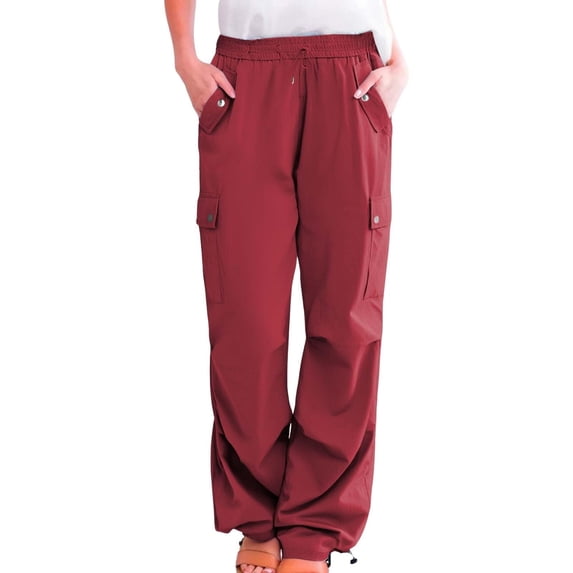 HAPIMO Womens Cargo Pants Baggy Hiking Jogging Pants Drawstring Elastic Waist Straight Pants Casual Trousers with Multi Pockets Wine XL