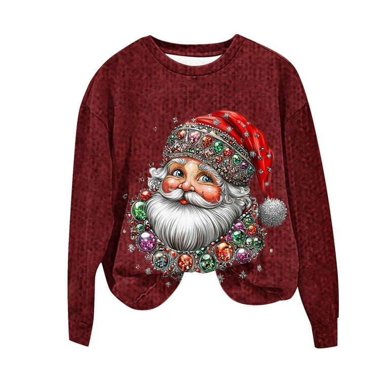 HAPIMO Womens Christmas Funny Cute Santa Claus Print Shirts Long