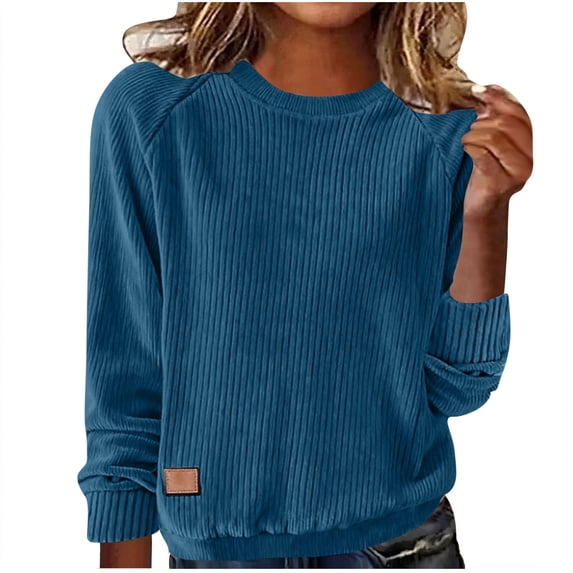 HAPIMO Womens Corduroy Shirts Casual Crewneck Blouses Lightweight Spring Fall Clothes Ribbed Long Sleeve Going Out Pullover Tops Blue S