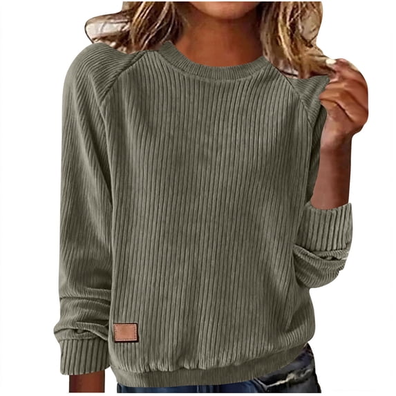 HAPIMO Womens Corduroy Shirts Casual Crewneck Blouses Lightweight Spring Fall Clothes Ribbed Long Sleeve Going Out Pullover Tops Gray XXL