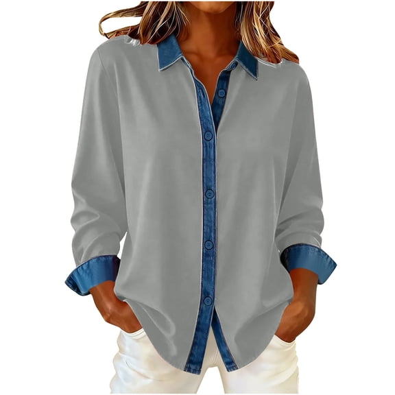 HAPIMO Womens Denim Patchwork Shirts Dressy Shirts Long Sleeve Lapel Button Down Blouse Loose Fit Daily Casual Tops Gray XXL