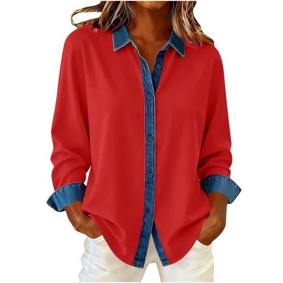 HAPIMO Womens Denim Patchwork Shirts Dressy Shirts Long Sleeve Lapel Button Down Blouse Loose Fit Daily Casual Tops Red S