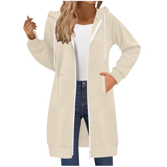 HAPIMO Womens Double Zip Up Long Hoodies Relaxed Fit Solid Pocket Hooded Sweatshirts Casual Long Sleeve Fall Trendy Hoodie Jacket Coat Beige L