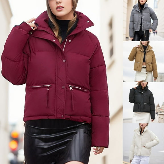 HAPIMO Womens Down Puffer Jacket Winter Cropped Jackets Stand Collar Long Sleeve Zip Casual Puffy Coat with Pockets Black L