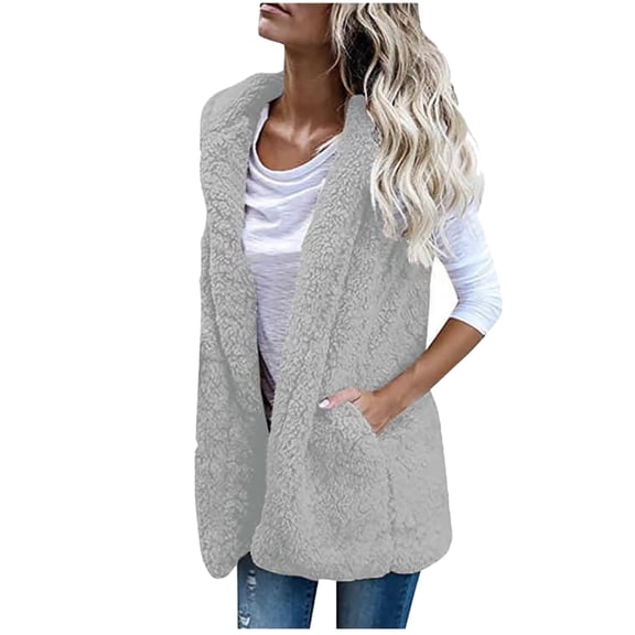 HAPIMO Womens Fall Fashion Fuzzy Fleece Vest Coat Casual Solid Open Front Outerwear Plush Comfy Warm Hoodie Jacket Coat With Pockets Gray S