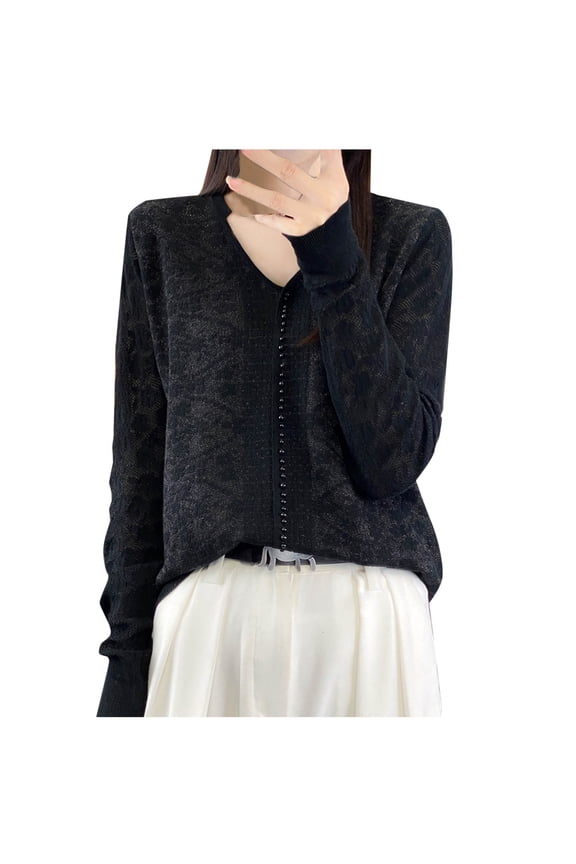 Womens Fall Sweaters Long Sleeve Pearl Decor Floral Embroidered Sweater Casual V Neck Solid Knitted Pullover Basic Tops Black M