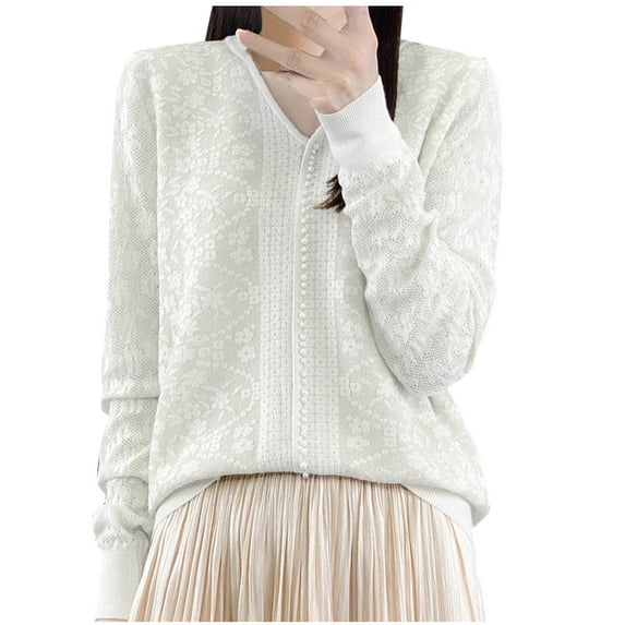 HAPIMO Womens Fall Sweaters Long Sleeve Pearl Decor Floral Embroidered Sweater Casual V Neck Solid Knitted Pullover Basic Tops White M