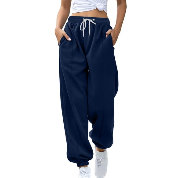 HAPIMO Womens Fleece Lined Sweatpants Drawstring Elastic Waist Pants High Waist Loose Straight Leg Trousers Casual Solid Sweat Pants Fall Winter Warm Pants Navy L