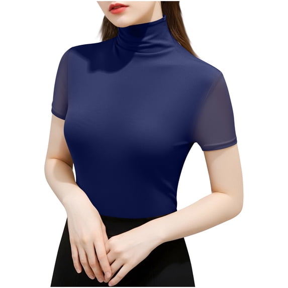 HAPIMO Womens Lightweight Summer Turtleneck Short Sleeve Tops Sheer Mesh Shirts Slim Fit Basic Layer Blouses Trendy Going Out Outfits Blue XXL