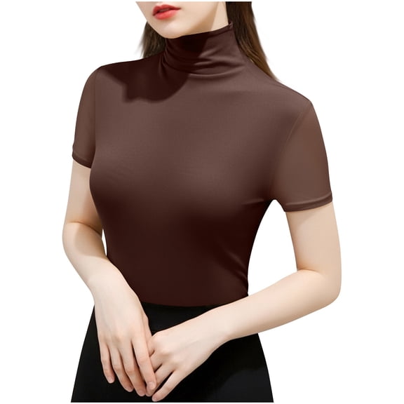 HAPIMO Womens Lightweight Summer Turtleneck Short Sleeve Tops Sheer Mesh Shirts Slim Fit Basic Layer Blouses Trendy Going Out Outfits Brown XXL