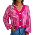 thumbnail image 1 of HAPIMO Womens Long Sleeve Cardigan Fall Fashion V Neck Knitted Cardigan Dressy Casual Stripe Buttons Sweaters Tops Teen Girls Clothes Hot Pink S, 1 of 1