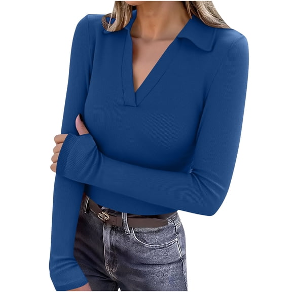 HAPIMO Womens Long Sleeve Shirts Business Casual Work Tops Slim Fit Collar V Neck Shirts Knit Basic Layer Blouses with Thumb Holes Blue XXL