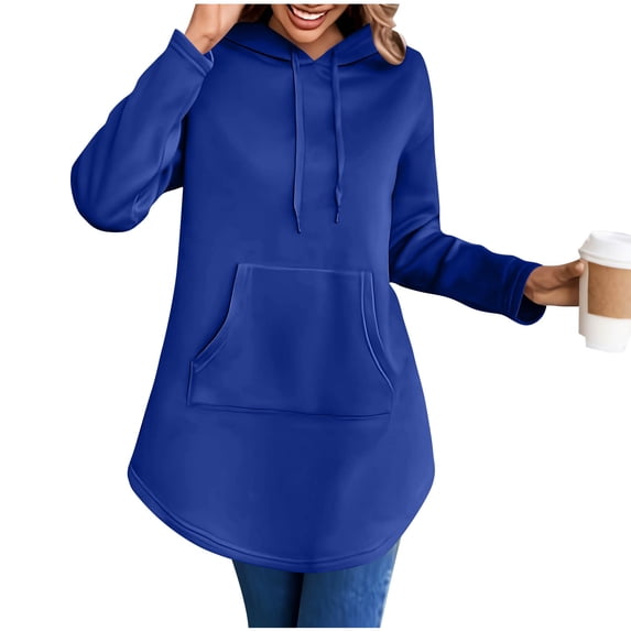 HAPIMO Womens Mid-Lenght Hoodies Solid Tunic Tops Long Sleeve Pullover Tops Oversized Casual Hooded Sweatshirts with Pocket Blue XXL