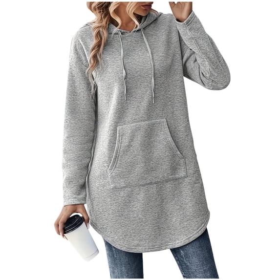 HAPIMO Womens Mid-Lenght Hoodies Solid Tunic Tops Long Sleeve Pullover Tops Oversized Casual Hooded Sweatshirts with Pocket Gray S
