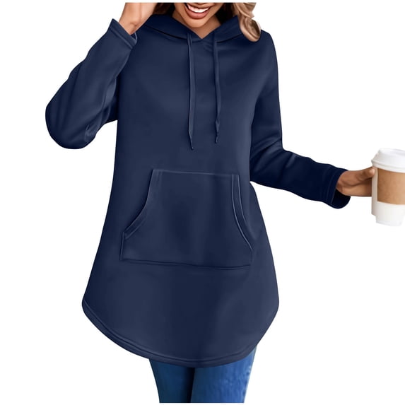 HAPIMO Womens Mid-Lenght Hoodies Solid Tunic Tops Long Sleeve Pullover Tops Oversized Casual Hooded Sweatshirts with Pocket Navy M