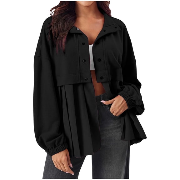 HAPIMO Womens Oversized Fashion Jacket Button Down Shirts Jacket Solid Long Sleeve Lapel Jacket Lightweight Casual Pleated Blouses Black S
