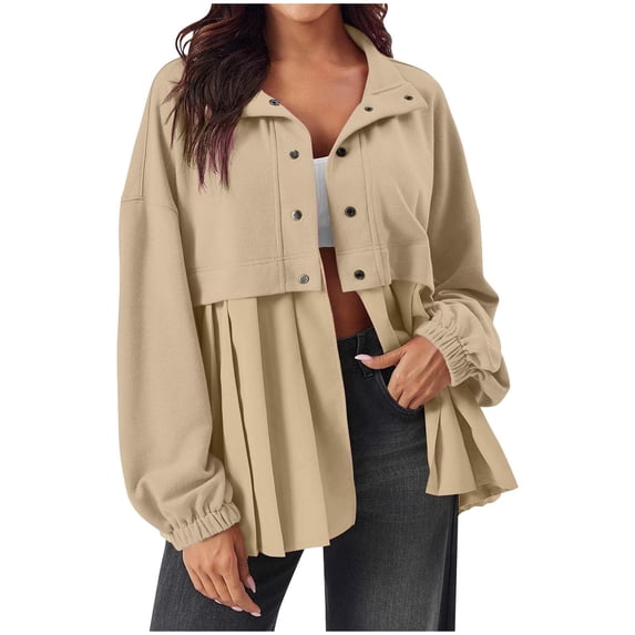 HAPIMO Womens Oversized Fashion Jacket Button Down Shirts Jacket Solid Long Sleeve Lapel Jacket Lightweight Casual Pleated Blouses Khaki XL