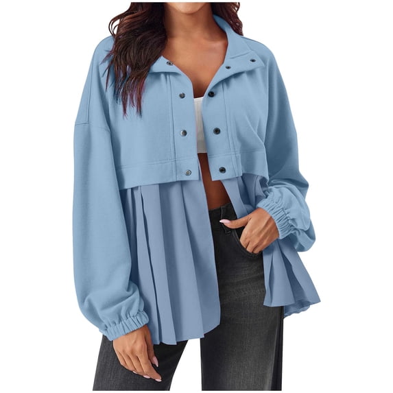 HAPIMO Womens Oversized Fashion Jacket Button Down Shirts Jacket Solid Long Sleeve Lapel Jacket Lightweight Casual Pleated Blouses Light Blue XL