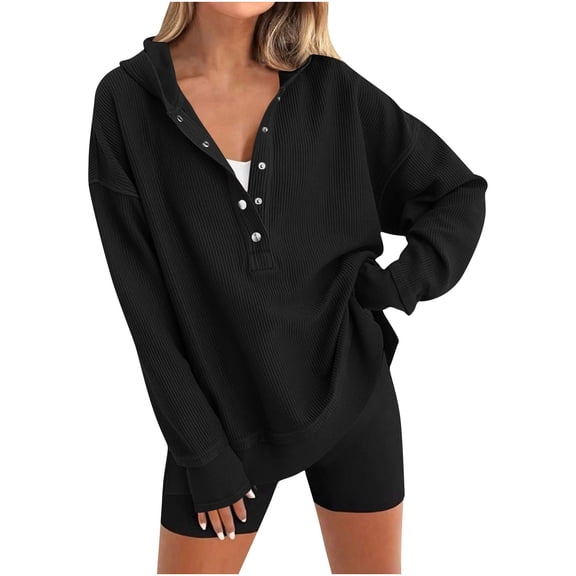 HAPIMO Womens Oversized Long Sleeve Hoodies Half Button Sweatshirts Solid Tunic Tops Casual V Neck Sweatshirts All Season Wear Black M